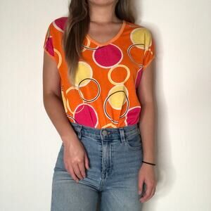 Vintage vibrant orange circle print retro abstract dolman short sleeve top